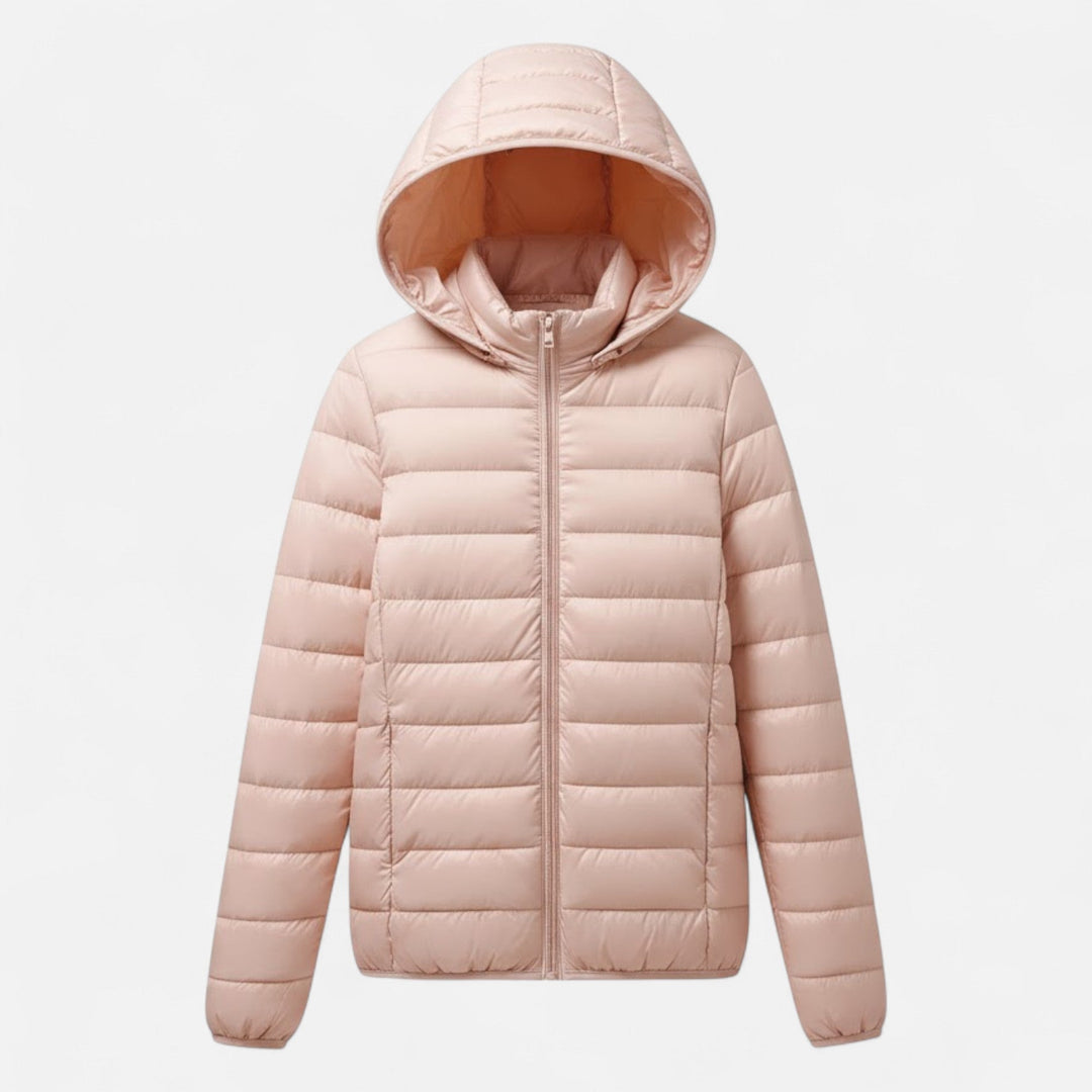 Plus-size women's lightweight warm winter coat with hood, ideal for cold weather.