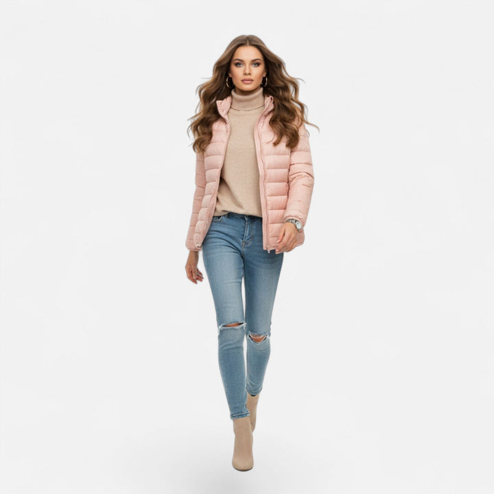 Stylish women's plus-size hooded winter jacket, perfect for autumn and winter fashion.