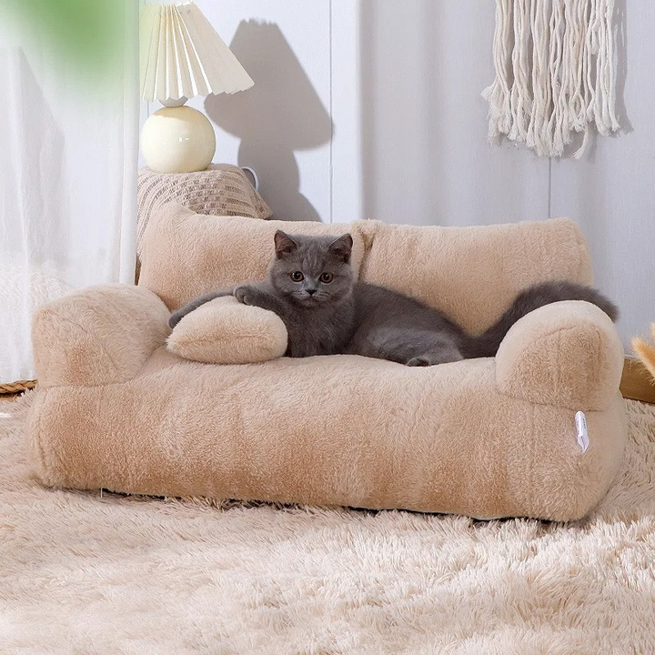Plush grey pet calming cloud sofa bed provides luxurious comfort & anxiety relief for dogs & cats.