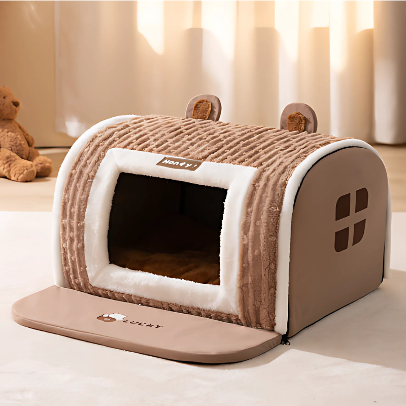 Plush pet bed cave for cats & small dogs, offering anxiety relief & cozy comfort. Washable pet supplies.