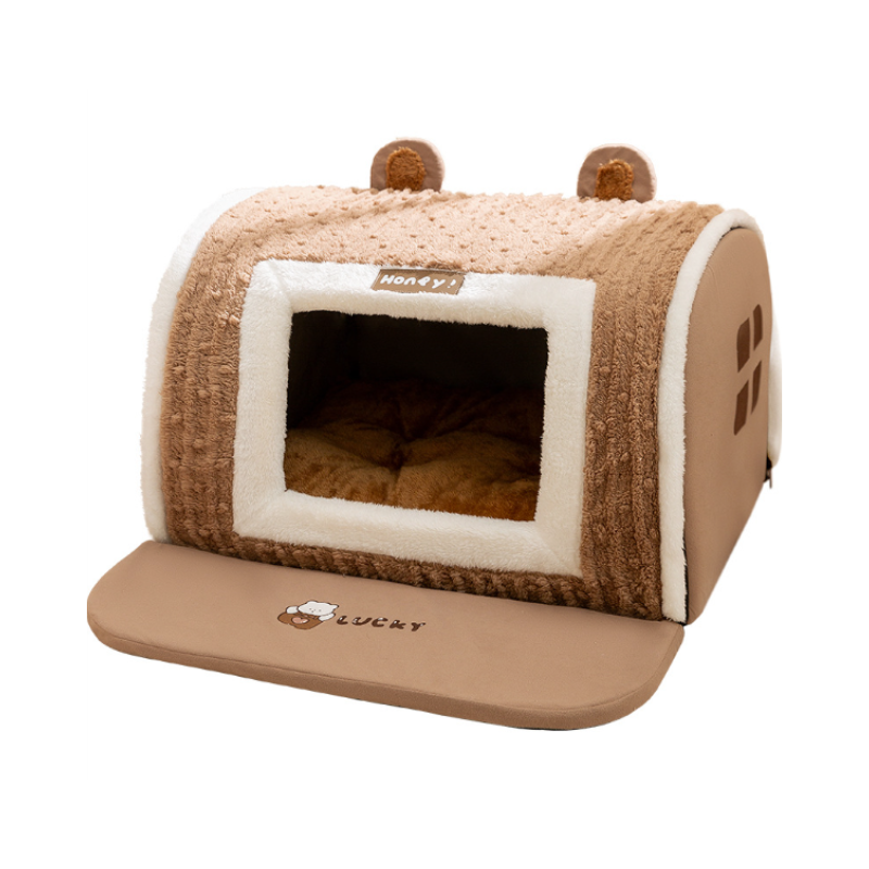Cozy plush cat cave bed for anxiety relief, promoting deep sleep. Washable pet den for ultimate comfort.