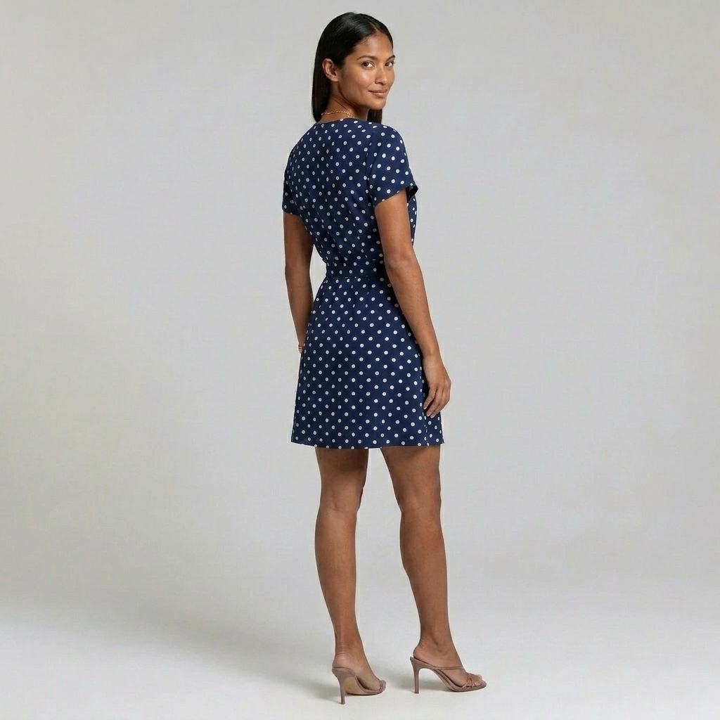 Women's flattering polka dot wrap mini dress. Short sleeve, V-neck. Perfect for versatile casual & smart casual fashion.