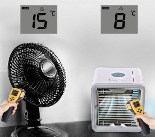 USB-powered portable air conditioner with LED lights, ideal as a personal cooler.