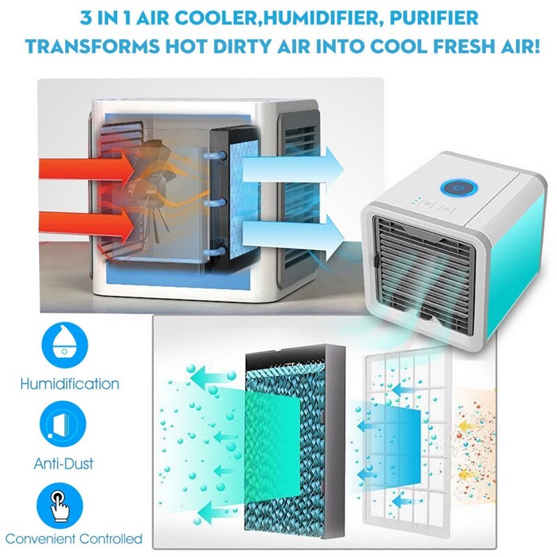 Compact 3-in-1 device: air cooler, humidifier, and purifier for enhanced comfort.