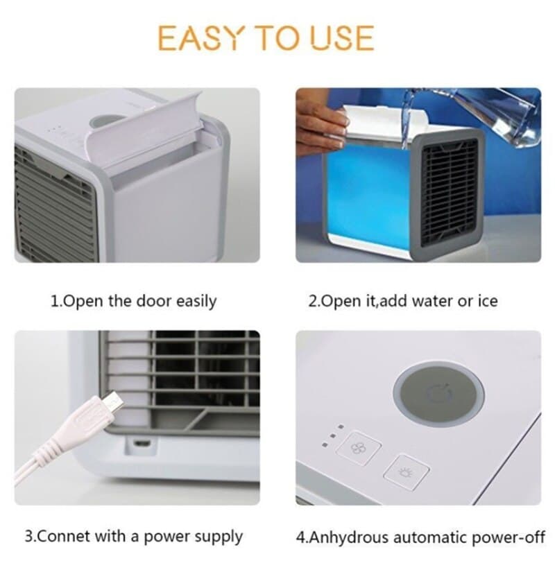 Portable personal cooler with ambient LED lights, also an air humidifier and purifier.