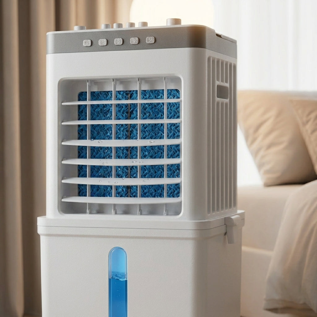 Portable 3-in-1 air cooler, dehumidifier, and fan unit for efficient indoor cooling and comfort.