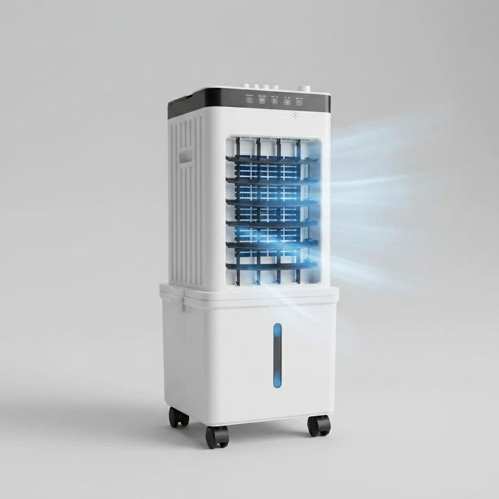 Energy-efficient portable air cooler and dehumidifier, providing quiet personal cooling and improved indoor air.
