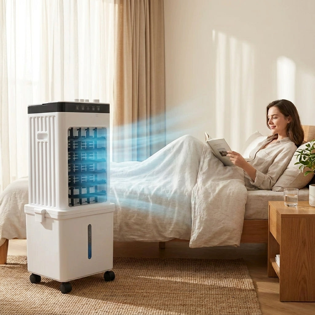 Modern portable home appliance: air cooler, fan, and dehumidifier unit, perfect for personal cooling.