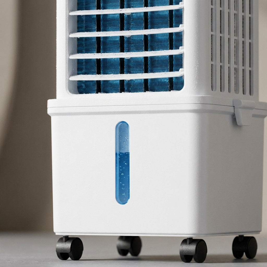 Compact 3-in-1 portable personal air cooler, fan, and dehumidifier unit for cooling and humidity control.