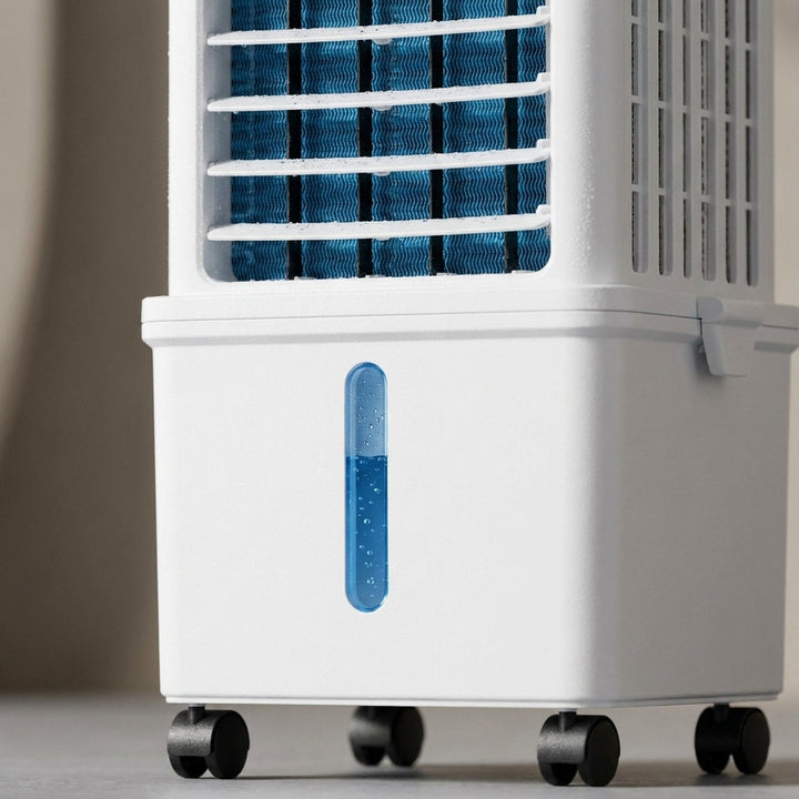 Compact 3-in-1 portable personal air cooler, fan, and dehumidifier unit for cooling and humidity control.