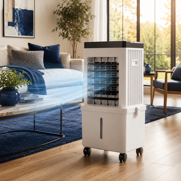 Portable 3-in-1 air cooler, humidifier & purifier for personal indoor climate control.
