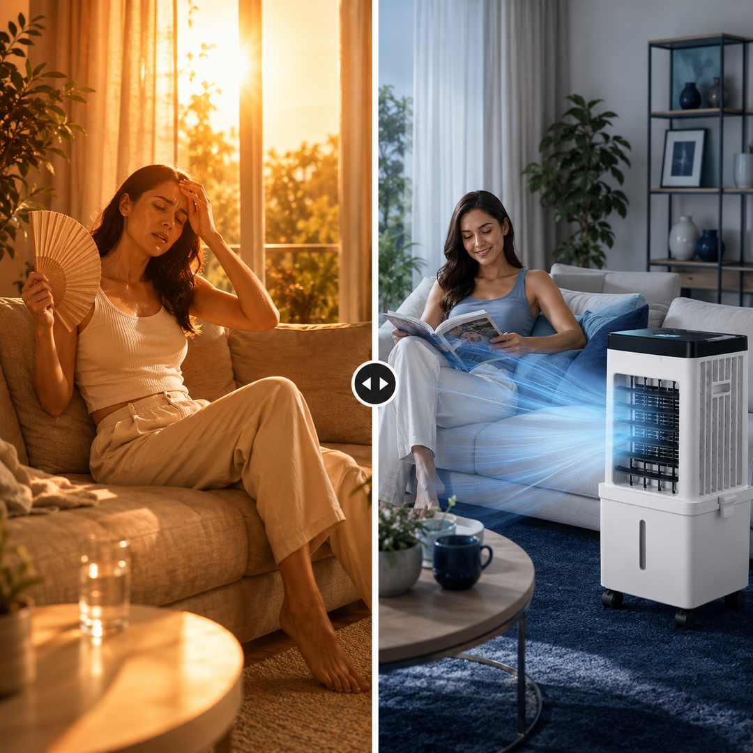 Compact portable air cooler with quiet humidifier and air purifier for home summer cooling.