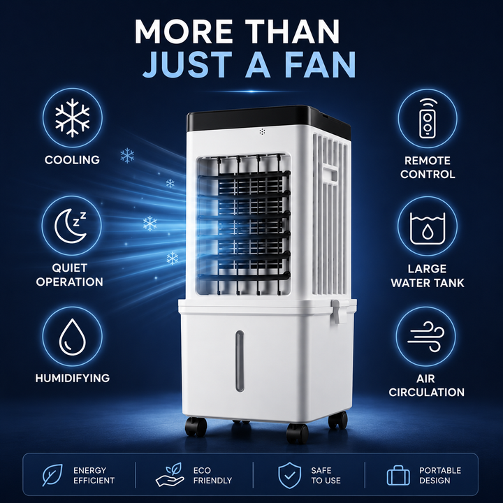 Personal portable air cooler & humidifier. Compact design for quiet indoor climate comfort.