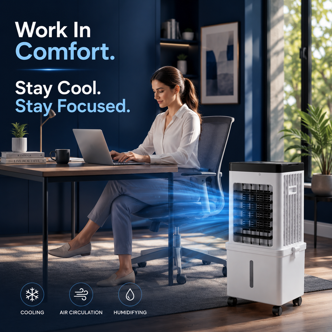Sleek portable 3-in-1 air cooler, humidifier, & purifier; ideal for personal home summer cooling.