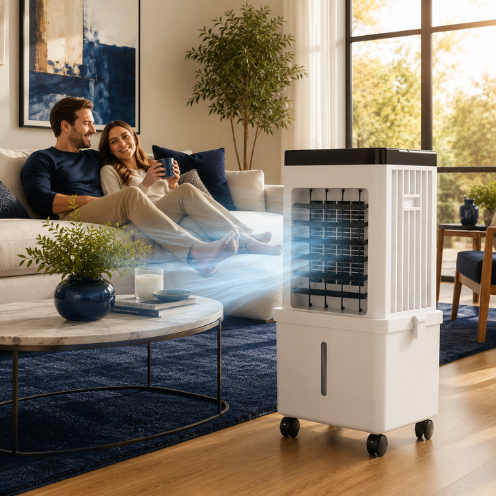 Quiet portable air cooler, humidifier & purifier. 3-in-1 device for enhanced indoor climate comfort.