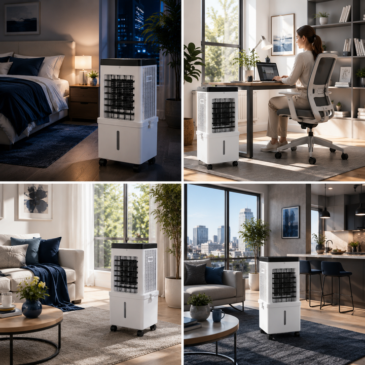 Portable 3-in-1 air cooler, humidifier, air purifier. Compact personal device for summer home cooling.