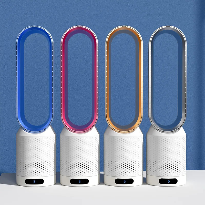 Sleek bladeless 3-in-1 air cooler & purifier with fan. Modern home appliance for healthy air circulation.