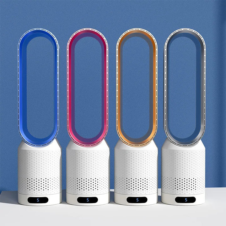Sleek bladeless 3-in-1 air cooler & purifier with fan. Modern home appliance for healthy air circulation.