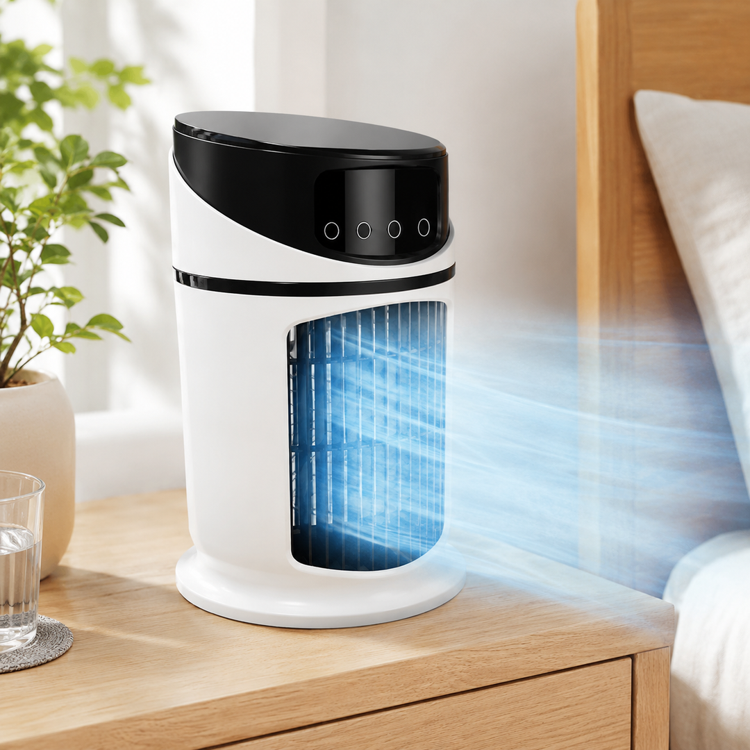 Portable 4-in-1 mist cooling fan with LED night light, perfect personal air cooler for desk.