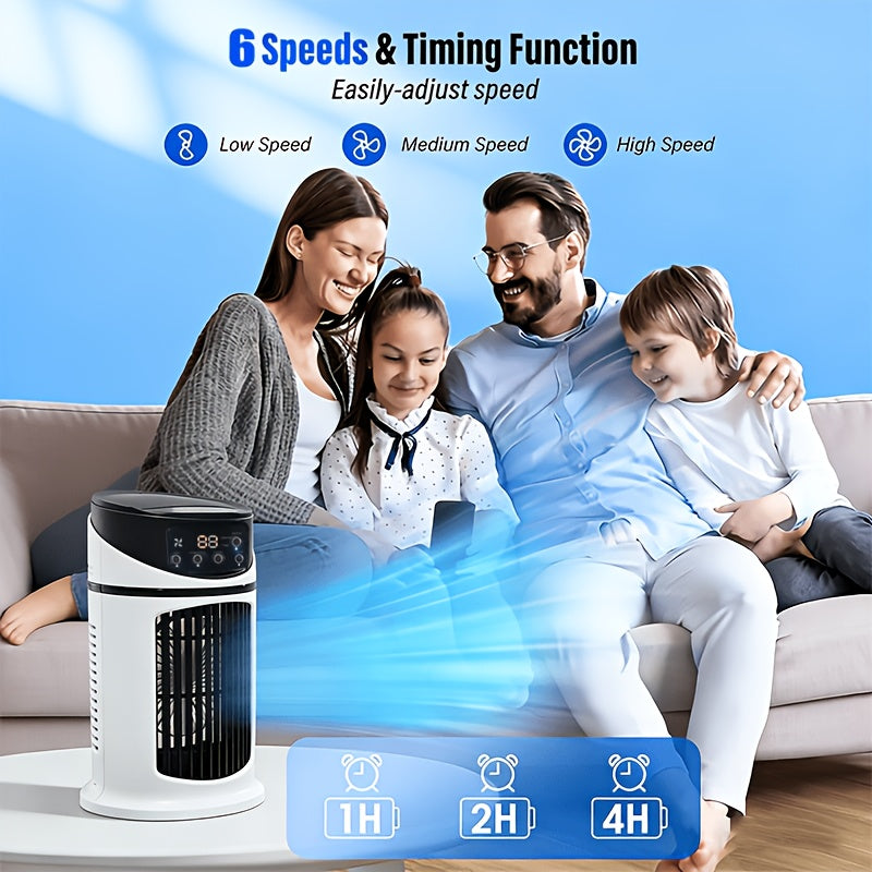 Portable misting fan, personal air cooler and humidifier with built-in LED light.