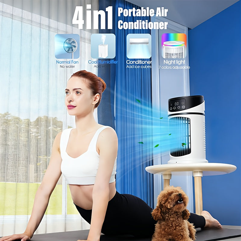 Multi-functional desk fan with mist, cooling, humidifying, and soft LED night light.