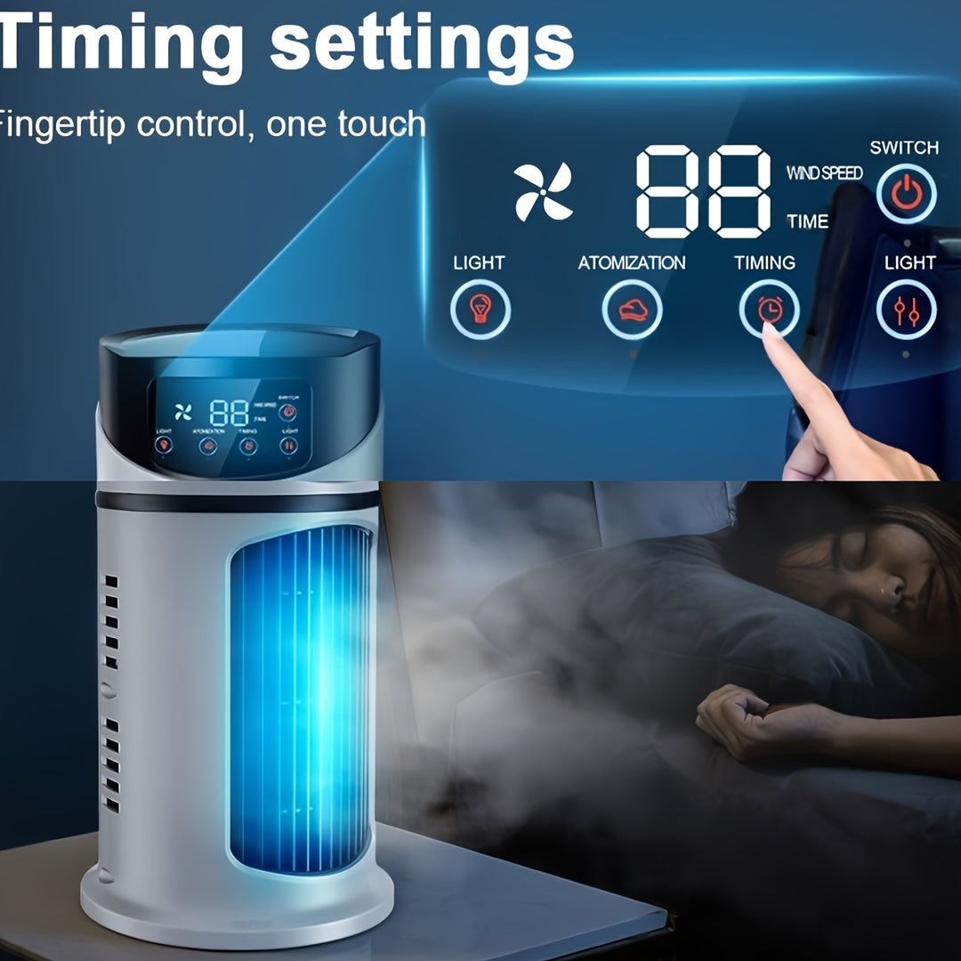 Compact and powerful 4-in-1 portable fan for cooling, misting, humidifying & ambient light.
