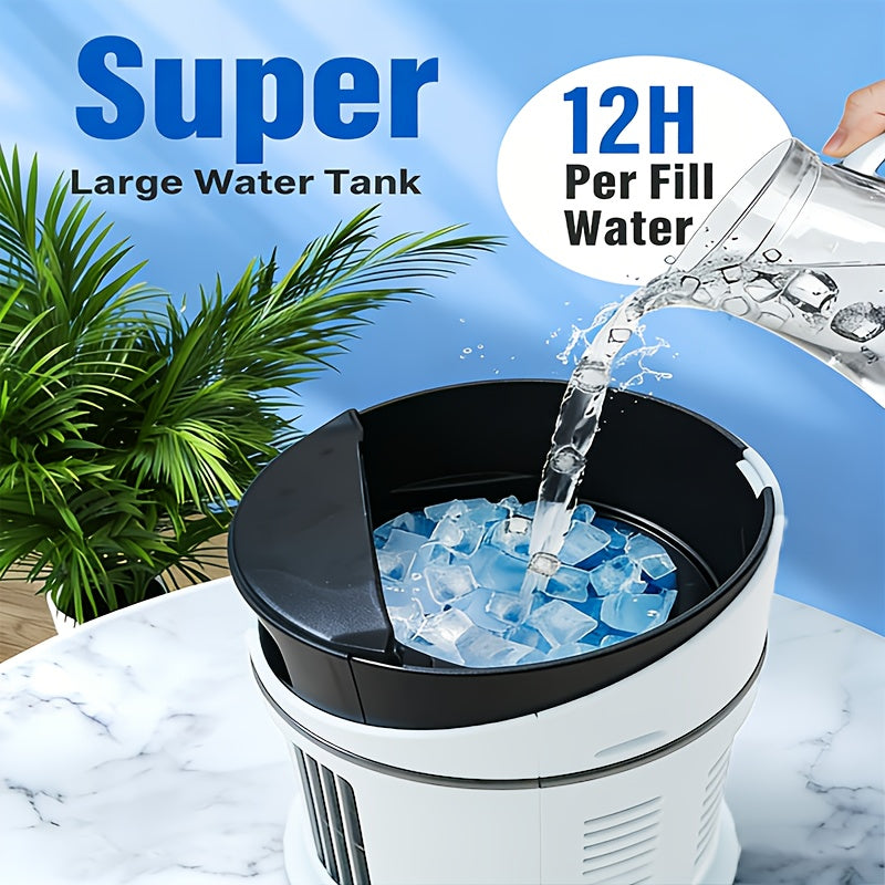 Compact mist fan, air cooler, humidifier, and LED light for bedroom or office.