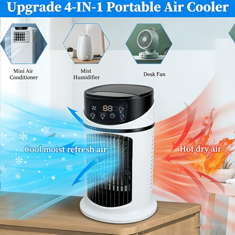 Desk fan with LED light and mist function, ideal personal cooler for hot days.