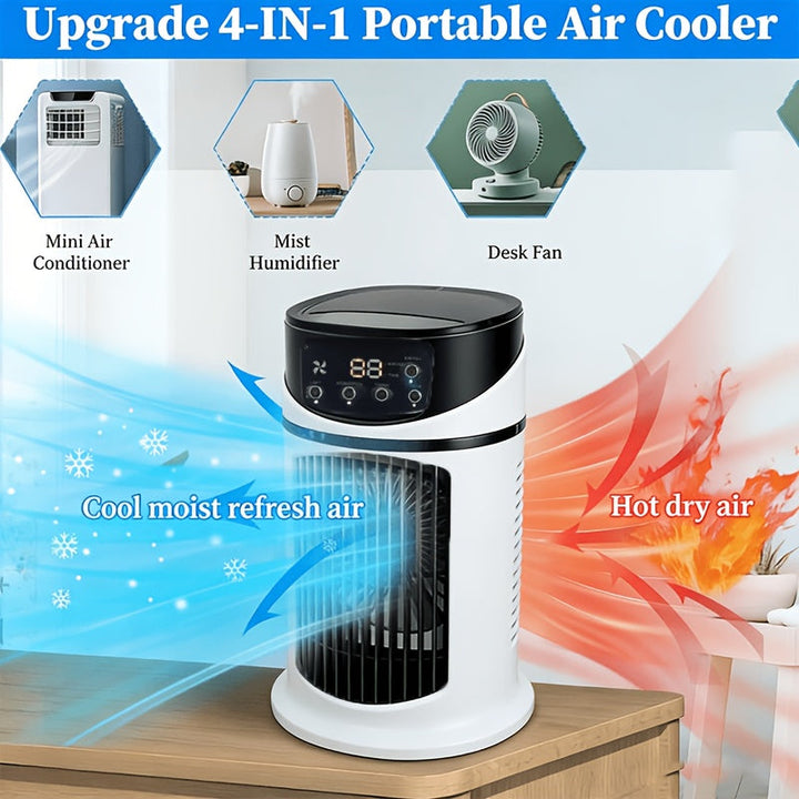 Desk fan with LED light and mist function, ideal personal cooler for hot days.