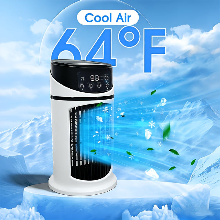 Mini 4-in-1 portable fan, humidifier, air cooler & night light for ultimate comfort.