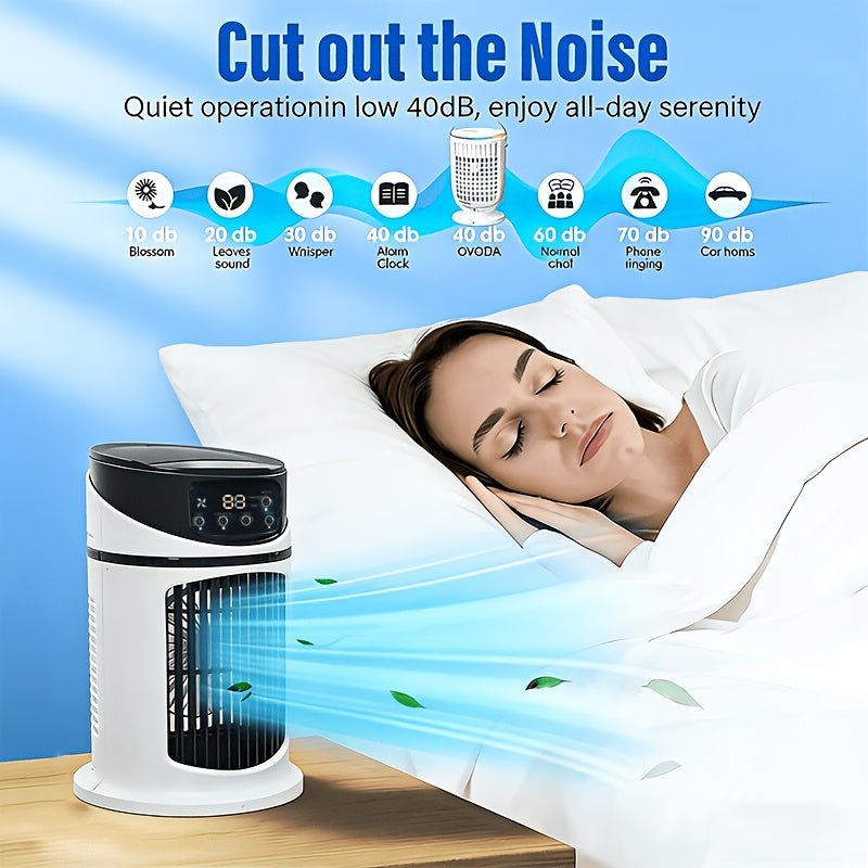 Efficient personal misting fan with integrated LED light for bedside or office use.