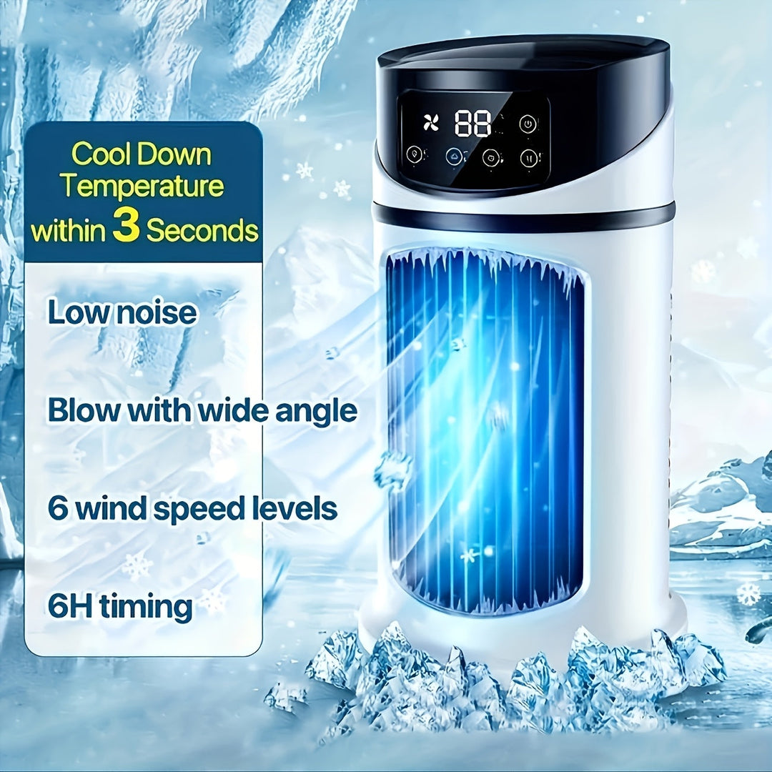 Versatile portable air cooler, humidifier, fan, and LED night light for home or travel.