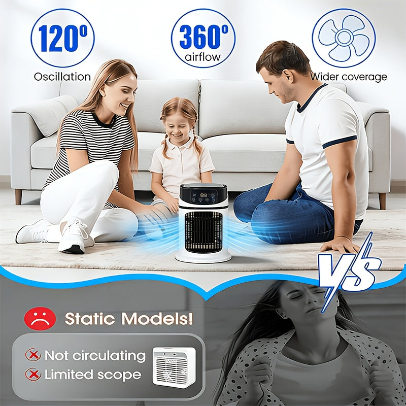 USB-powered 4-in-1 mist fan with LED light, ideal for office desk or bedroom.