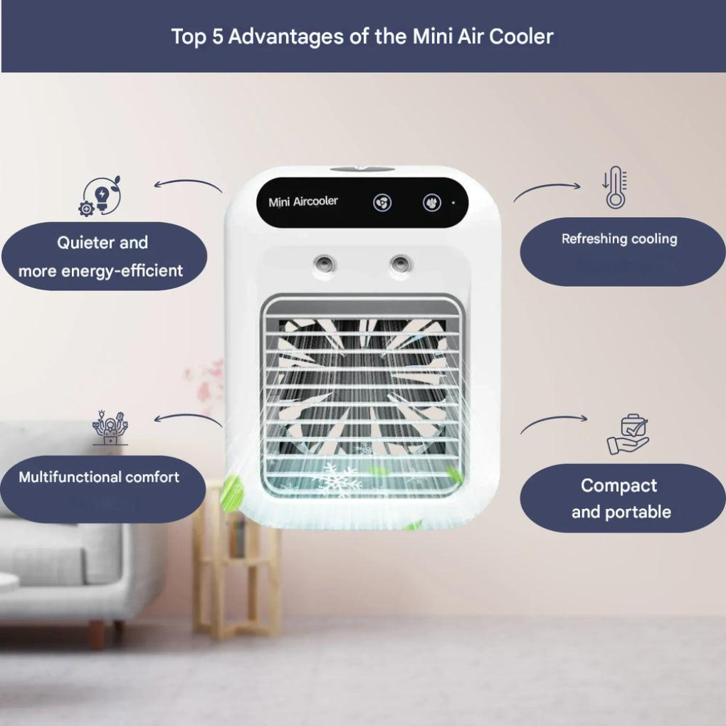 Portable air cooler and aroma diffuser for home & office. Enjoy personal cooling, humidification, and soothing scents.