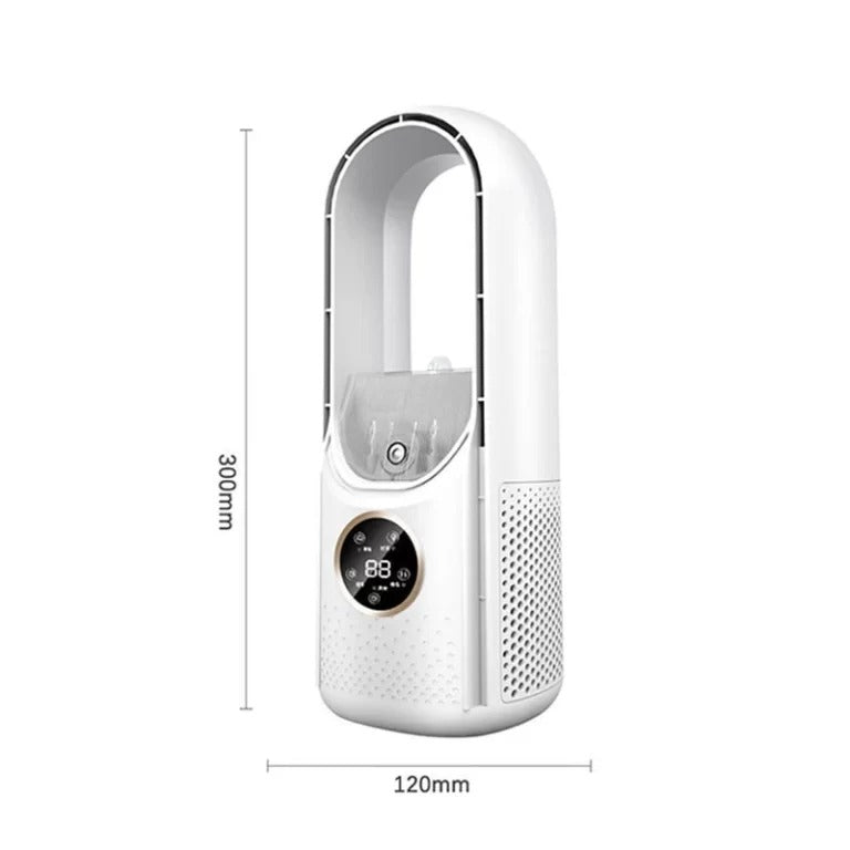 Portable blade-free silent air conditioner, blue and white, compact design, USB powered, cools rooms up to 20 m² quietly.