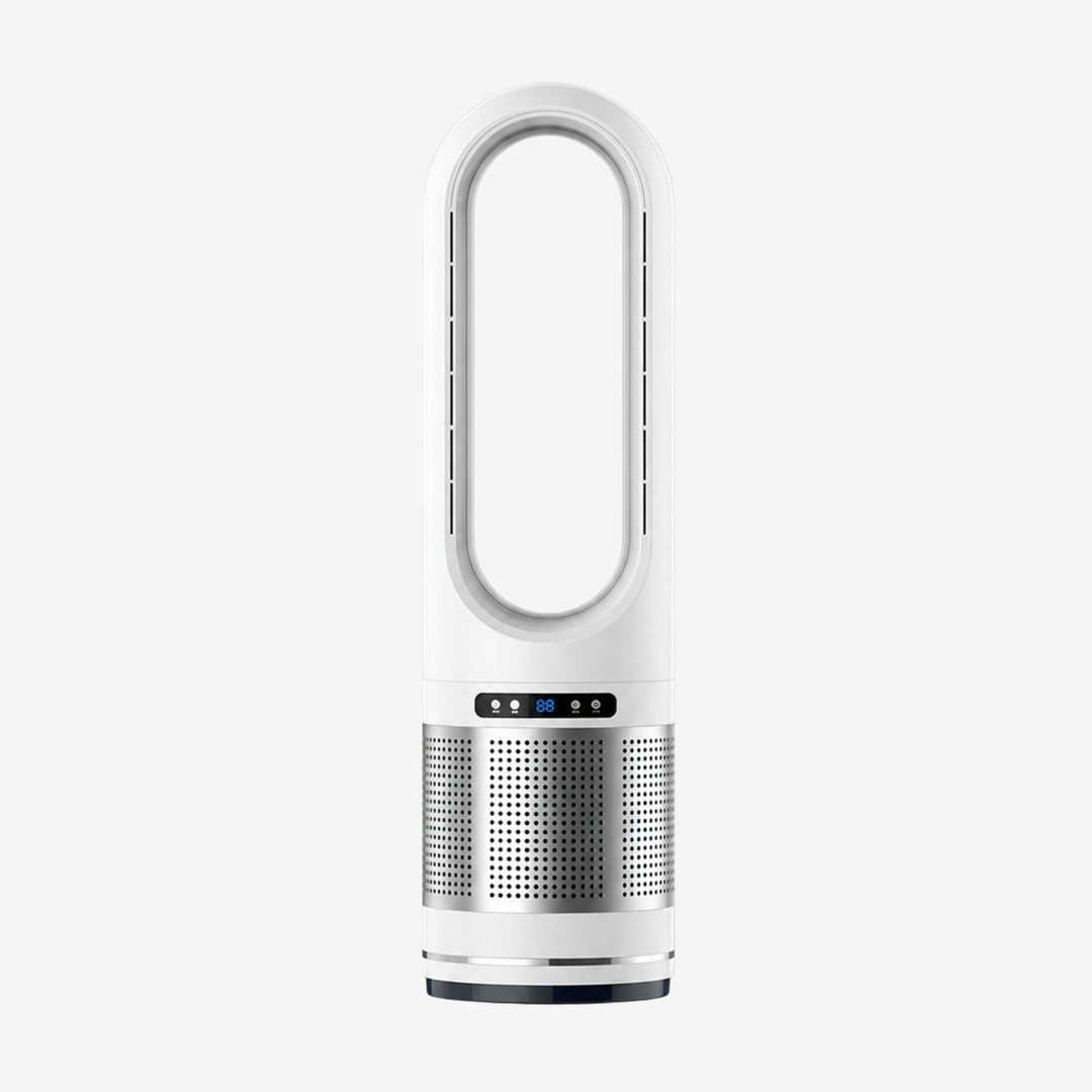 Portable bladeless tower fan for home/office. Sleek design, provides cool air circulation quietly.