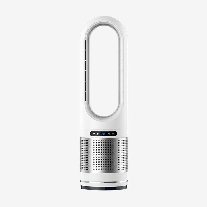 Portable bladeless tower fan for home/office. Sleek design, provides cool air circulation quietly.