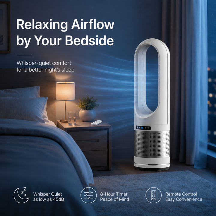 Minimalist bladeless tower fan, a quiet and efficient air cooler for modern home and office interiors.