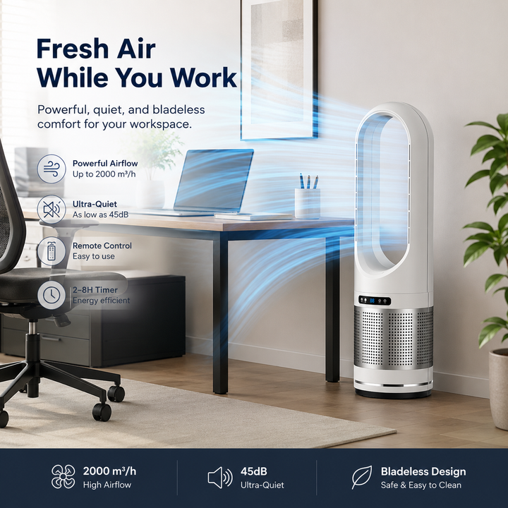 Easy-to-move portable bladeless tower fan, ensures cool, fresh air in any room. Ideal for home comfort.