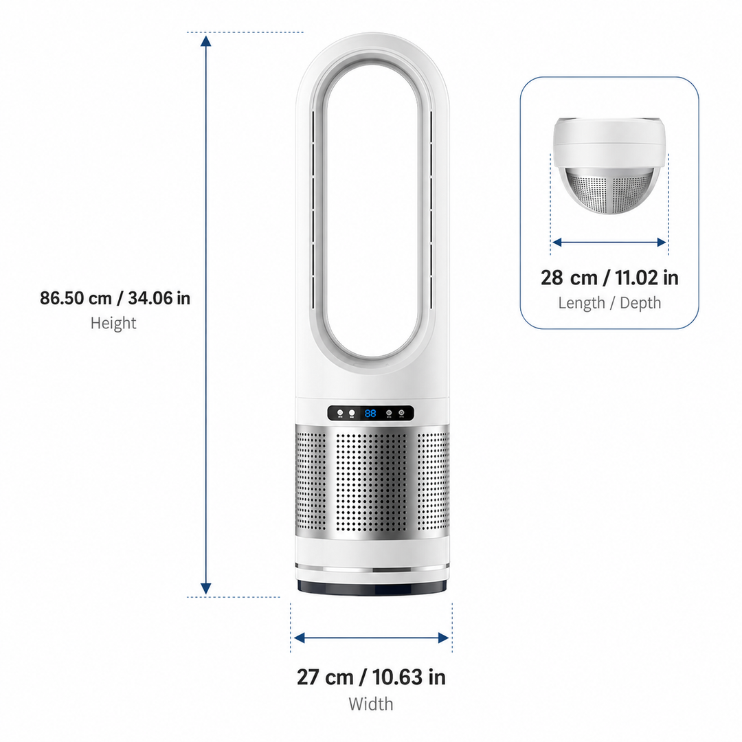 Smart bladeless tower fan with digital display, provides quiet, oscillating air circulation for superior cooling.