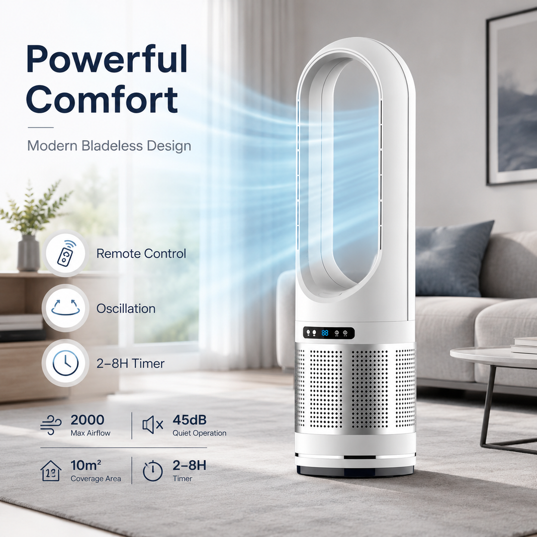 Modern bladeless tower fan in a living room, providing quiet home comfort. Perfect for summer cooling.