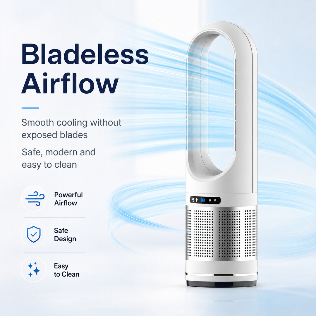 Compact bladeless tower fan on an office desk, offering quiet air circulation for a comfortable workspace.