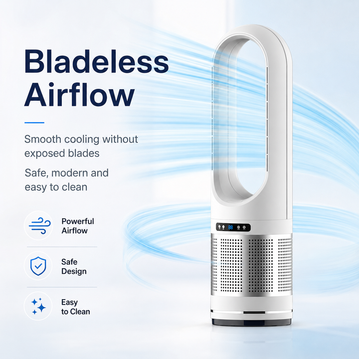 Compact bladeless tower fan on an office desk, offering quiet air circulation for a comfortable workspace.