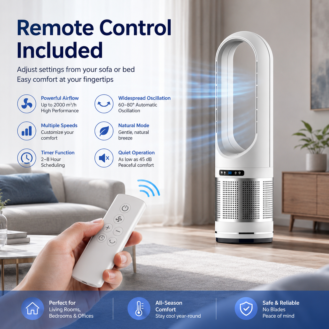 Safety-first bladeless tower fan, ideal for homes with kids/pets. Delivers gentle, cool air for peace of mind.