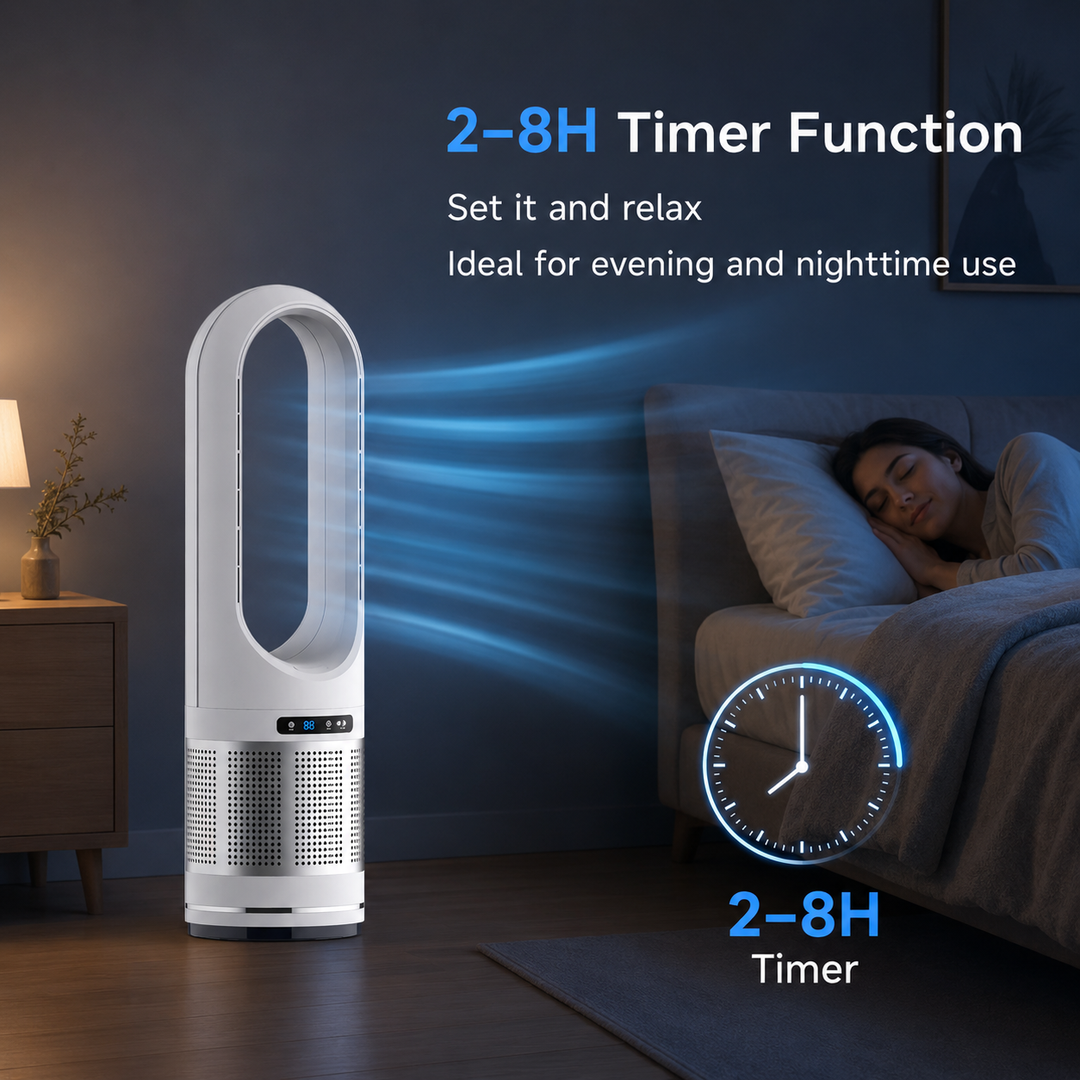 Quiet remote control tower fan, bladeless design ensures silent operation & powerful air cooling for any room.