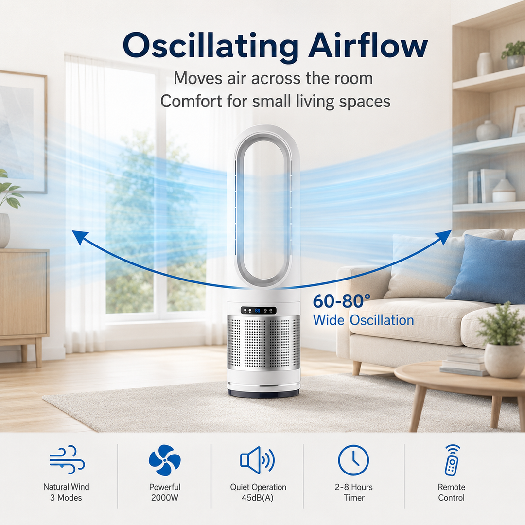 Sleek black bladeless tower fan with remote control, offering convenient and powerful air cooling for your home.