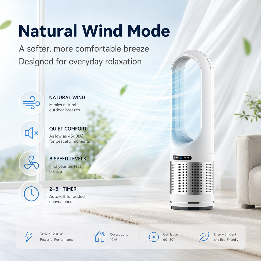 Energy-efficient compact bladeless fan, perfect for small spaces in homes or offices, ensuring fresh air flow.