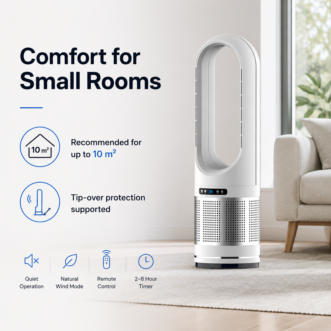 Powerful air cooler and bladeless tower fan, designed for optimal air circulation and cooling comfort during summer.