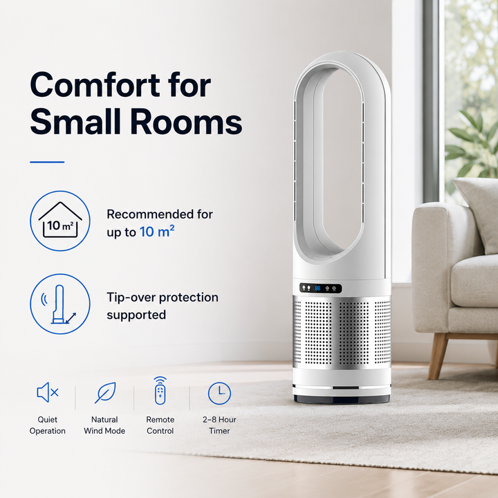 Powerful air cooler and bladeless tower fan, designed for optimal air circulation and cooling comfort during summer.