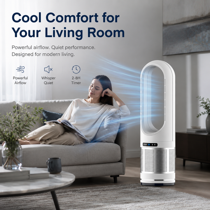 Stylish bladeless tower fan, brings effective cooling relief and fresh air to any home or office environment.